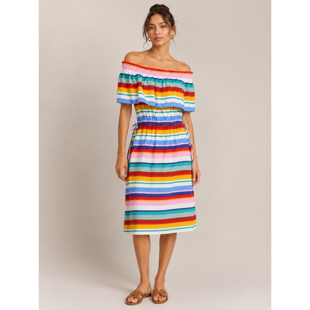 4our Dreamers Ruffle Rainbow Stripe Dress XS Linen Blend‎ Anthropologie
